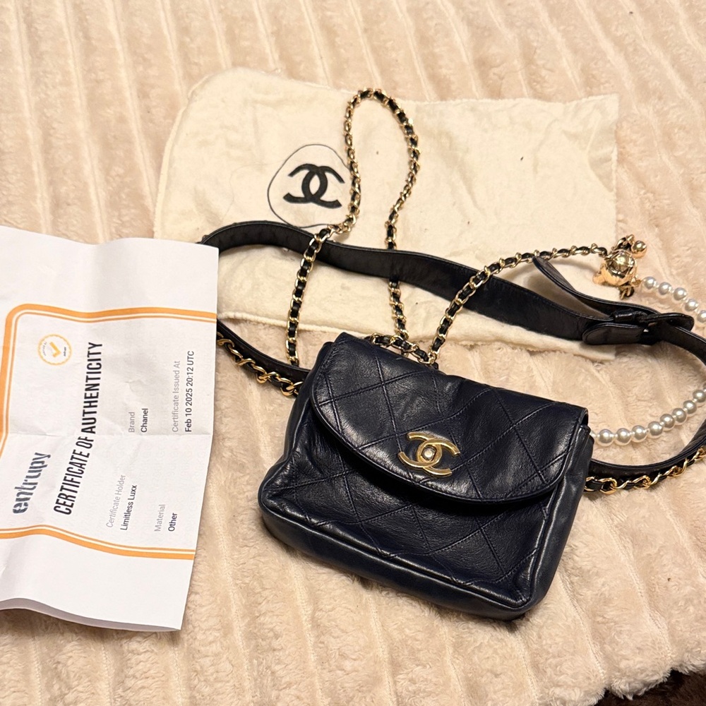 Chanel Mini Quilted Leather Pearl Chain Belt Bag Black Gold Hardware